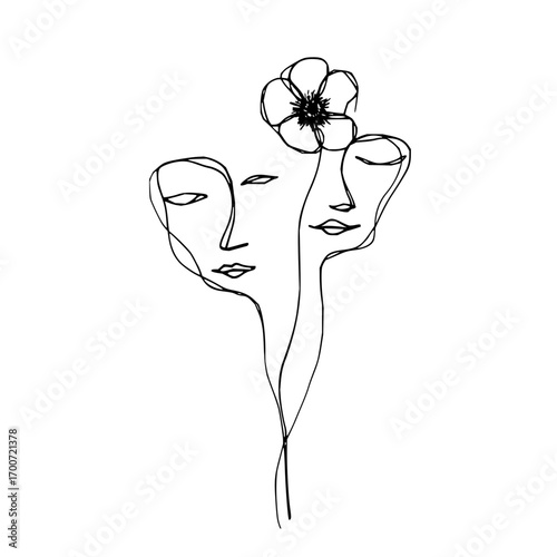 Two faces in continuous line art with a flower blooming above them in a minimalist style drawing