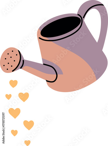 Cute watering can pouring golden hearts instead of water, creative illustration perfect for love, care, growth, romance, Valentine’s Day, and inspirational design projects.