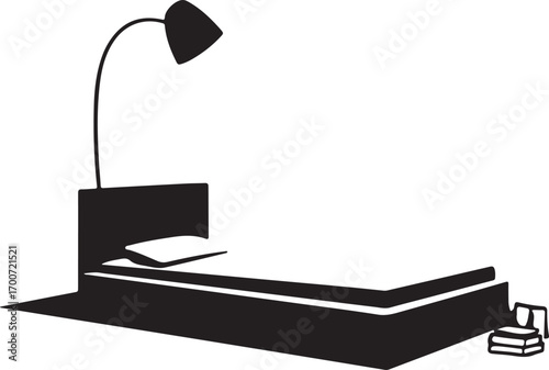Black and white illustration of a bed with a floor lamp and stacked books Keywords: bed, bedroom, furniture, interior, domestic, home, sleeping, rest, lamp, floor lamp, lighting, book, books