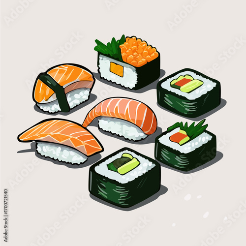 Anime Style Sushi Vector Illustration with Nigiri and Rolls
