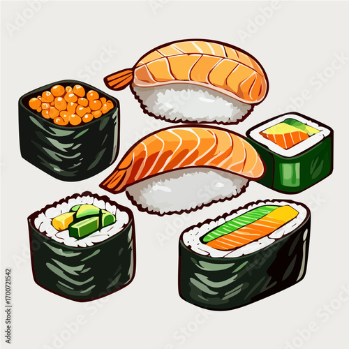 Anime Style Sushi Vector Illustration with Nigiri and Rolls