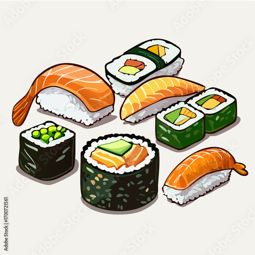 Anime Style Sushi Vector Illustration with Nigiri and Rolls