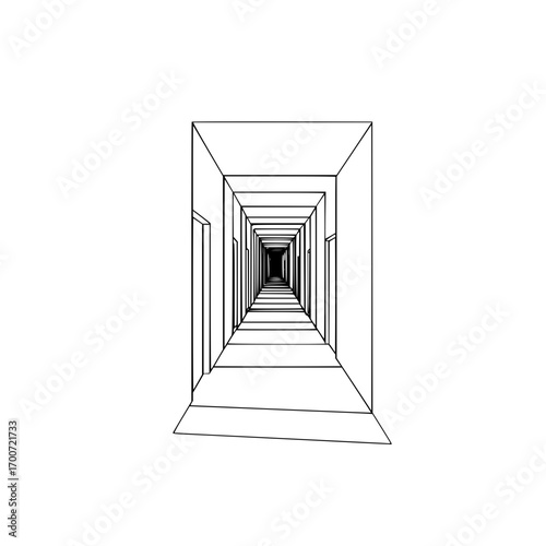 Perspective view of a long hallway with multiple doors receding into the distance in black and white line art