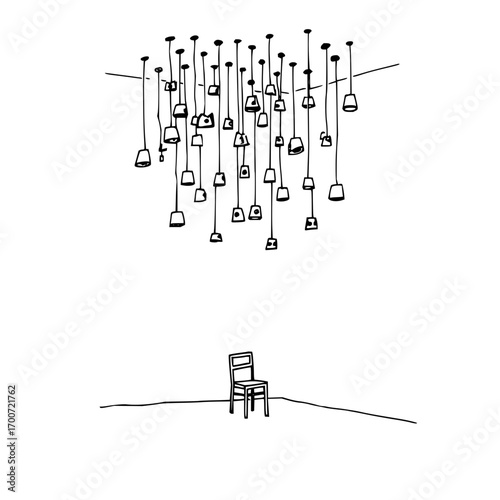 A solitary chair sits beneath a multitude of hanging pendant lights in a minimalist interior space sketch