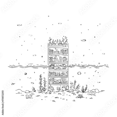 A bookshelf stands submerged in water surrounded by sea life and plants in a black and white sketch style