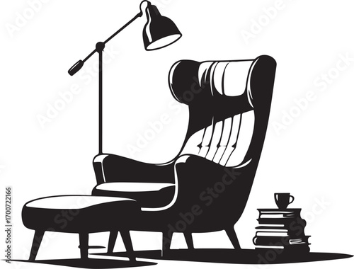 Silhouette of an Armchair with a Floor Lamp and Stack of Books with Coffee Cup on White Background Keywords: armchair, silhouette, floor lamp, books, coffee cup, reading nook, interior, furniture