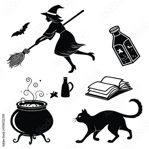 Halloween Witch Flying with Black Cat and Potion Elements
