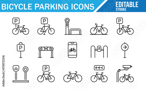Bicycle storage and commuting icons set in modern outline vector style