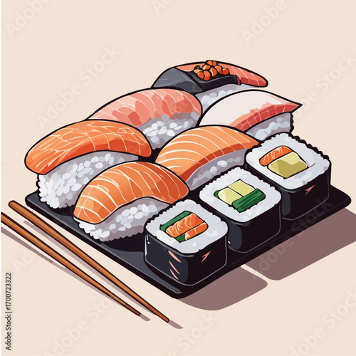Japanese Nigiri Sushi Platter Vector Illustration with Rolls
