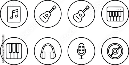 Set of musical instrument icons guitar piano microphone and notes vector graphics for design