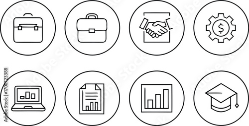Business and finance outline icons vector graphics for resumes briefcases and more