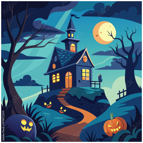 Haunted mansion on a hill under a full moon at night