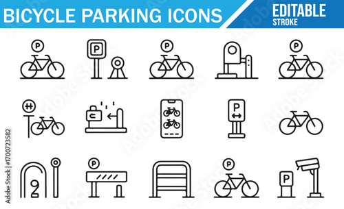 Cycling infrastructure icon pack including stands, signs, and docking stations