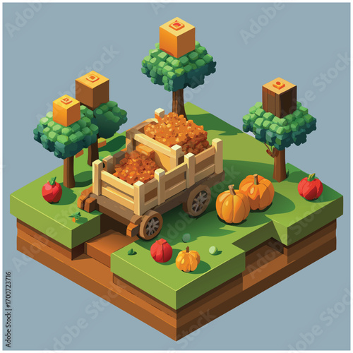 Isometric Farm Scene With Harvest Cart And Pixelated Trees