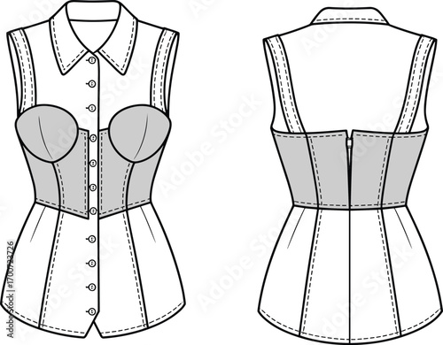Sleeveless corset blouse technical fashion sketch, button down shirt with structured bustier, women apparel design, sewing pattern template, cad drawing flat vector illustration