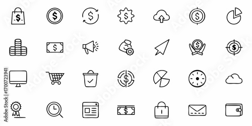 Collection of black outline icons representing business finance and e commerce concepts and elements in a grid