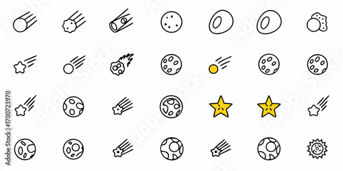 Collection of various celestial bodies including comets meteors planets and stars in a doodle style set
