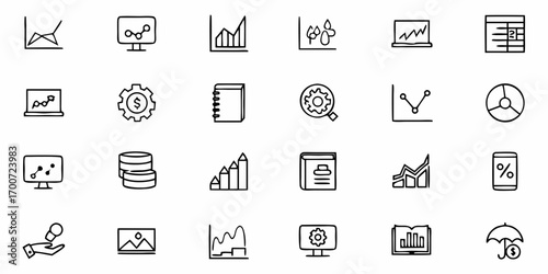 Collection of business and data analysis icons featuring graphs charts and financial elements in line art style