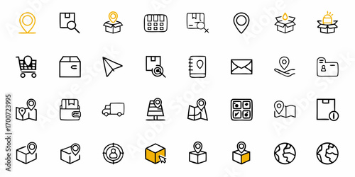 Illustration of assorted delivery and logistics icons arranged in a grid pattern on a white background