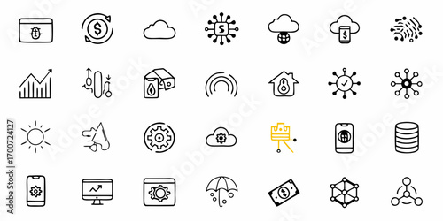 Collection of various technology and business related icons including cloud computing and data analytics symbols