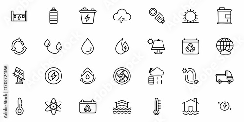 Collection of various energy and environmental icons representing sustainability and resources usage