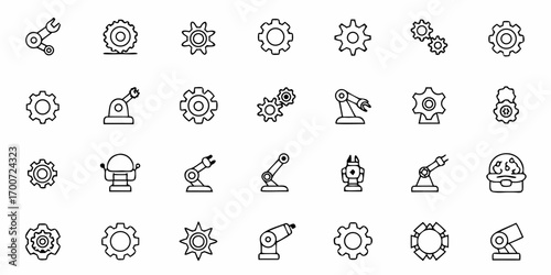 Line art illustration showing various mechanical gears and robotic arms in a simple and clean style