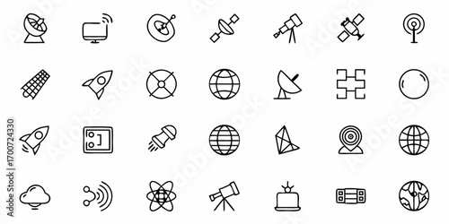 Collection of various space and technology related icons in a simple outline style drawing illustration