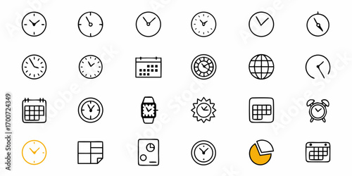 Collection of various time related icons including clocks calendars and other timekeeping representations