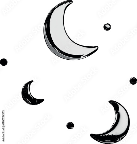 Stylish glossy crescent moons in black and white with shine effect, modern celestial illustration perfect for night sky art, mystical projects, astrology, and elegant decorative designs.