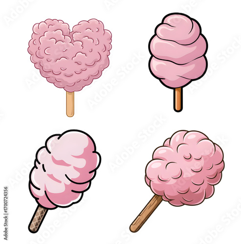 Cotton Candy on Stick, Fluffy Fairground Sweet, Flat Cartoon Vector Sticker Clipart