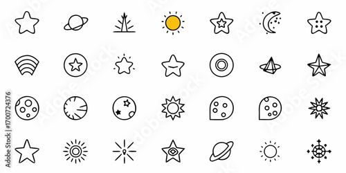 Collection of twenty four celestial themed doodle icons featuring stars planets moons and suns in black outline
