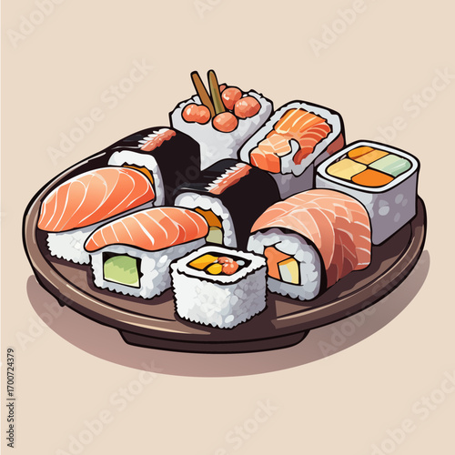 Assorted Sushi Roll and Nigiri Platter Vector Illustration