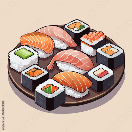 Assorted Sushi Roll and Nigiri Platter Vector Illustration