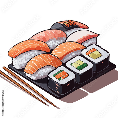 Japanese Nigiri Sushi Platter Vector Illustration with Rolls