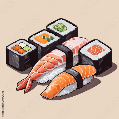 Assorted Sushi Roll and Nigiri Platter Vector Illustration