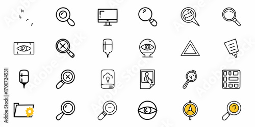 Illustration of various icons including magnifying glasses, eye symbols, and other miscellaneous objects
