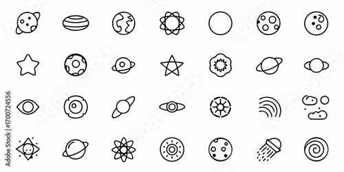 Collection of minimalistic space icons featuring planets stars and celestial elements in outline style design