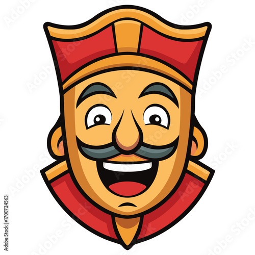 Cartoon king face with moustache and red hat. Jubilant King Vector Illustration