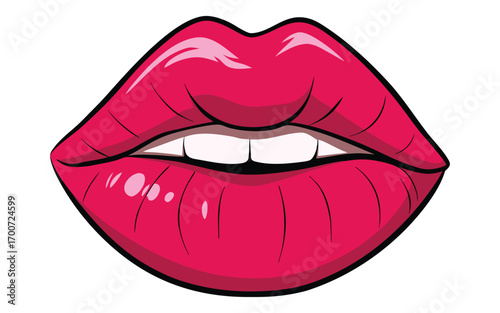 Vibrant red lips with glossy shine and white teeth. Pop Art Kissing Lips Vector Illustration.