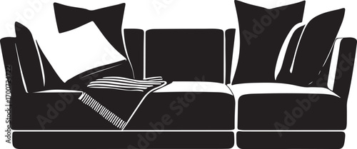 Black Silhouette of a Sofa with Cushions and a Blanket on White Background Keywords: sofa, couch, furniture, seating, cushions, pillows, blanket, throw, interior, living room, home, silhouette