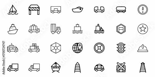 Outline icons depicting various modes of transportation and safety related symbols in a grid format