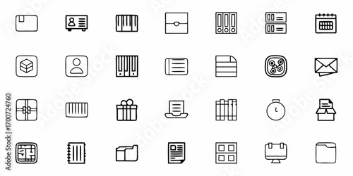 Collection of various office and business icons including documents and organization tools shown in black outline