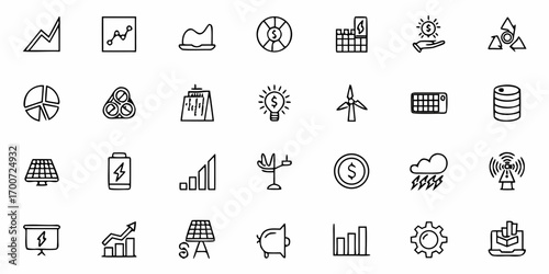 Collection of various energy and financial icons representing data and sustainable resources concepts