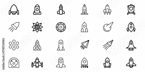 Collection of twenty four different outline style rocket and space themed icons in a grid format