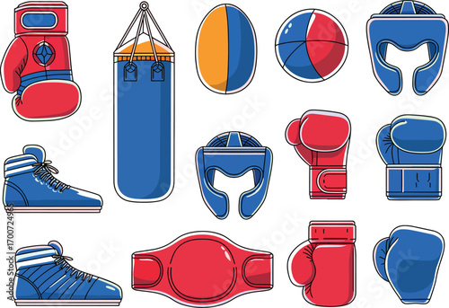 Set of Boxing equipment vector illustration, gloves, punching bag, shoes, belt, helmet, mouthguard, training accessories, fitness sport design