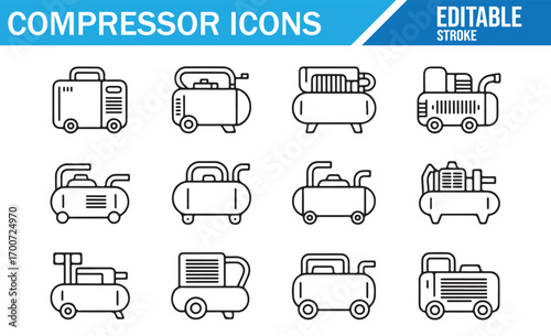 Editable stroke industrial air pressure compressor icons for factory equipment