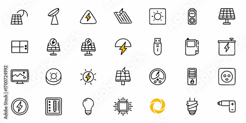 Collection of various energy and electrical icons including solar panels and lightbulbs arranged neatly
