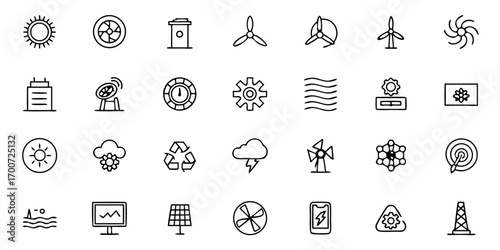 Line art icons depicting renewable energy sources and related concepts in a grid arrangement