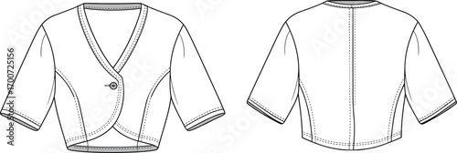 Women cropped jacket flat sketch, fashion design technical drawing, clothing template front and back view, cad drawing flat vector illustration