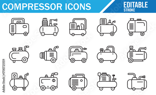 Industrial compressor icon pack including piston, rotary, and tank machines